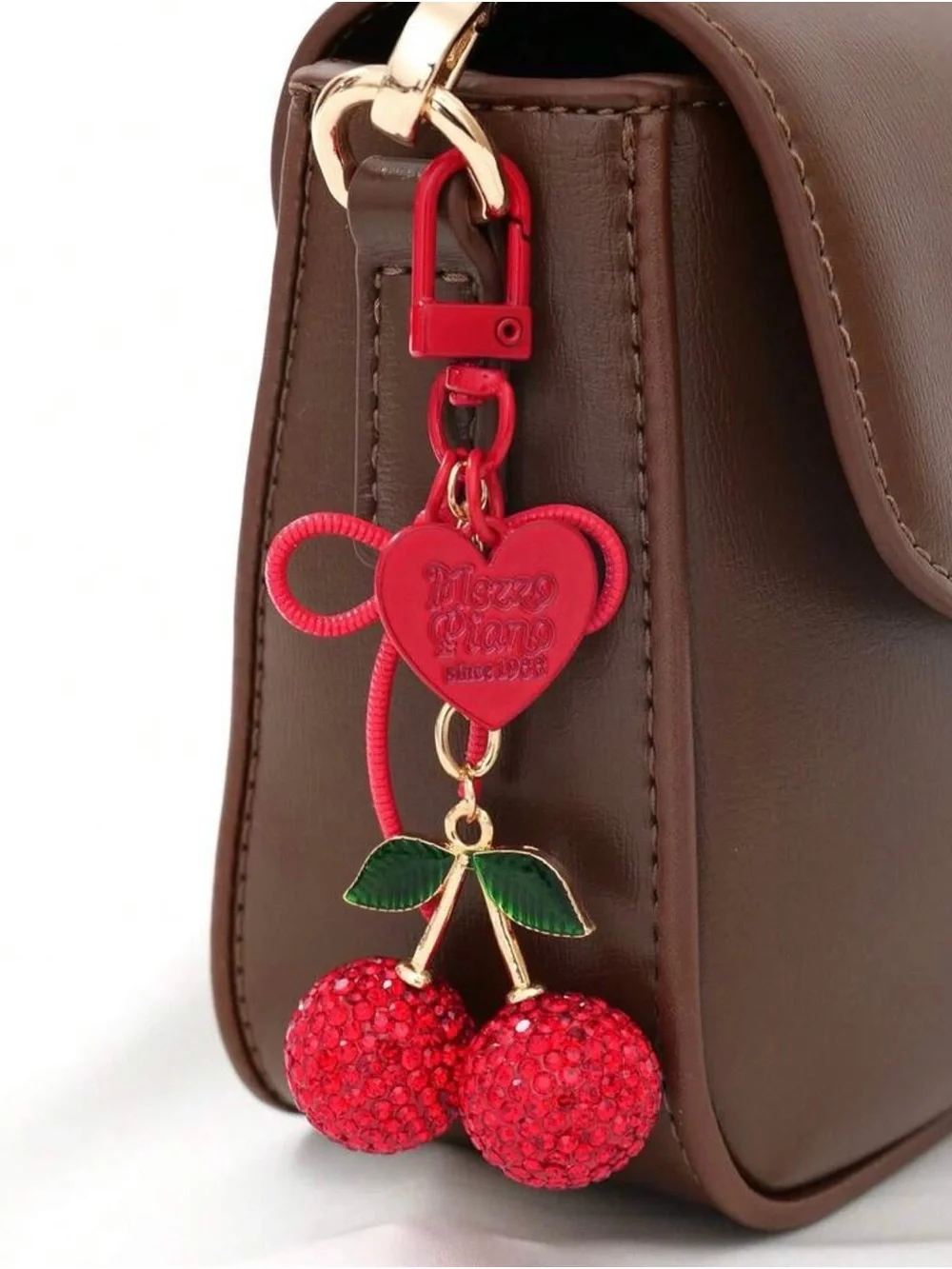 Source Unknown Red Cherry Crystal Keychain with Green Leaves